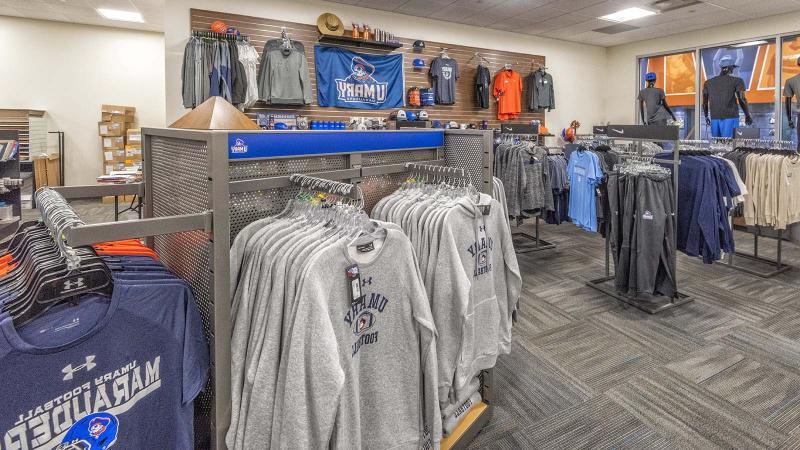 Inside of the University of Mary Bookstore showing shirts